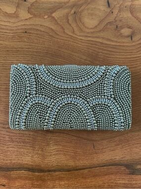 Beaded Pearls/Crystal Metallic Evening Clutch Satin Back Gold - missing beads